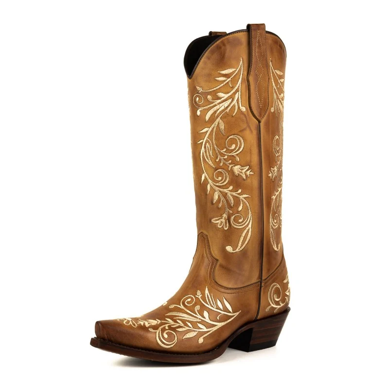 Damstövlar i lant- och westernstil med cowboys 2669 i brunt läder och blombroderi